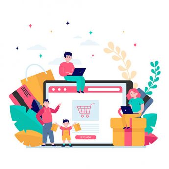 Happy people shopping online. Basket, tablet, customer flat vector illustration. E-commerce and digital technology concept for banner, website design or landing web page